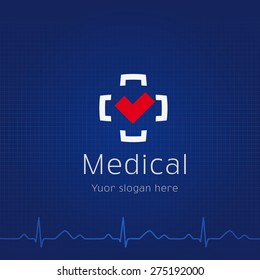 Medical plus logo and folder. Outpatient card cover design or presentation's slide with brand identity sign. Icon concept for hospitals, tests, clinics, pharmacies. Vector cardiowave.