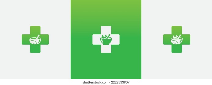 Medical Plus with Mortar, Pestle and Leaf Logo Bundle Set Concept symbol icon sign Element Design. Herbal Medicine, Pharmacy Logotype. Vector illustration template