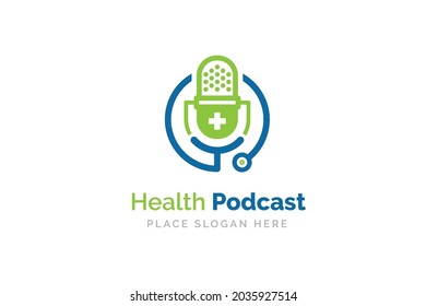 Medical podcast logo design. Stethoscope and microphone illustration symbol.