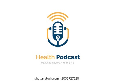 Medical podcast logo design. Stethoscope and microphone illustration symbol.