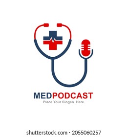 Medical podcast vector logo design. Suitable for stethoscope symbol and health care news.