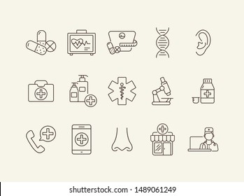 Medical post icons. Set of line icons. Human nose, laboratory, medical dose. First aid concept. Vector illustration can be used for topics like medicine, healthcare, medical service