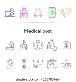 Medical post icons. Set of line icons. Human nose, laboratory, medical dose. First aid concept. Vector illustration can be used for topics like medicine, healthcare, medical service