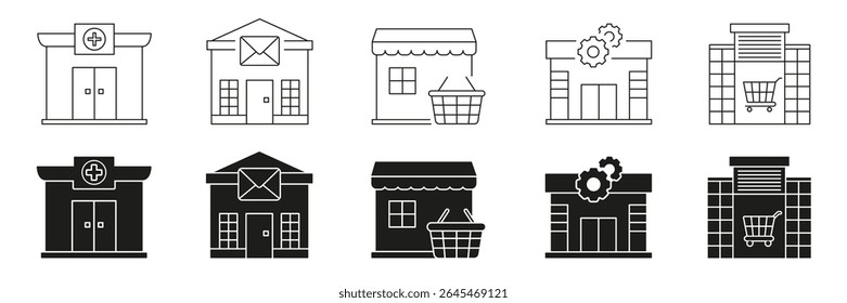 Medical, Postal, Retail, Industrial Building Line And Solid Icon Set. Healthcare, Communication, Shopping, Manufacturing Symbol Collection. Business Infrastructure. Isolated Vector Illustration.