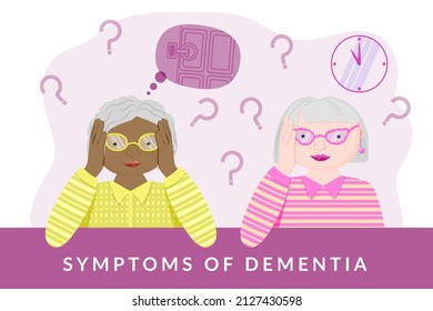 Medical poster about the signs of Alzheimer's dementia disease.  A composition with a set of human characters of lovely old ladies. Grandmothers of different races with the same disease. 
