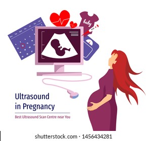 Medical poster or banner for ultrasound diagnostic, sonogram, pregnancy, obstetrics. Ultrasound machine, pregnant women and pregnancy elements. Vector illustration for poster, banner, flyer, brochure.