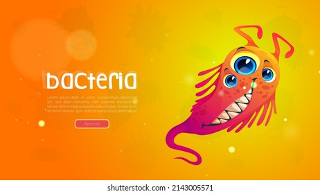 Medical poster with funny bacteria character. Vector background with cartoon illustration of cute microbe, germ, microorganism or virus. Comic bacterium cell with flagella, teeth and eyes