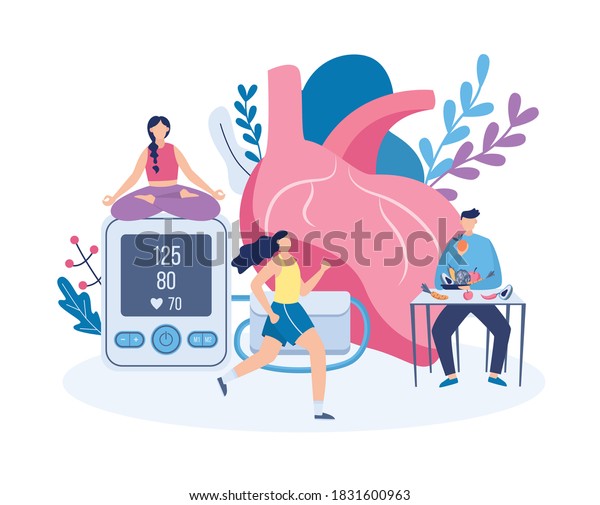 Medical poster with\
giant heart and healthy cartoon people with good nutrition, running\
habit and blood pressure machine, flat vector illustration for\
World heart day