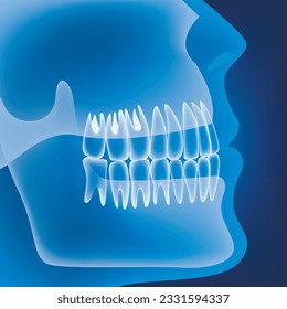 Medical poster with human jaws and teeth. Neon background. Vector illustration