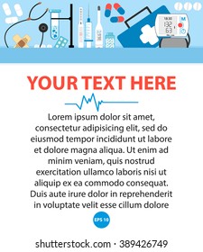 Medical poster. Poster medical instruments, drugs and pills. The poster for medicine. Vector illustration of a banner medical.