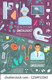 Medical poster with oncologist and urologist doctor. Chemotherapy pill and capsule, brain and breast, MRI scanner, medication pills. Urinary system anatomy and rubber gloves, syringe and scalpel
