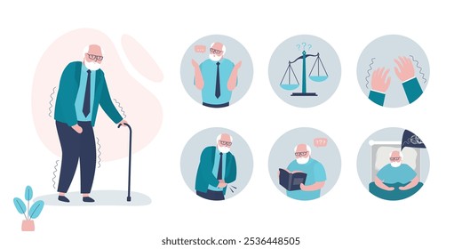 Medical poster Parkinson's disease. Senior with symptoms of the disease. Prevention. Sick old man. Infographic and signs about Alzheimer's symptoms. flat vector illustration