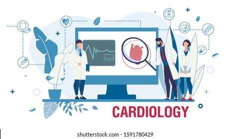 Medical Poster Promoting Online Cardiological Service. Cardiology, Medicine and Internal Organs Healthcare. Cardiovascular System Treatment. Cartoon Doctors Stand by Huge Monitor. Vector Illustration