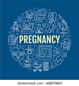 Medical poster template. Vector line illustration of pregnancy, fertility and obstetrics. Gynecology elements - chair, check-up, test, doctor, ultrasound, baby. Healthcare poster, editable stroke