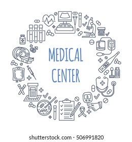Medical poster template. Vector line icon, illustration of health center, check up. Medical equipment - mri, cardiogram, glucometer, doctor, ultrasound, blood test. Healthcare banner design