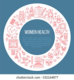 Plantilla de póster médico. Ilustración vectorial de la planificación del embarazo y la obstetricia. Elementos ginecológicos - silla, chequeo, prueba, médico, ultrasonido, bebé. Diseño de banners para atención médica, trazo editable
