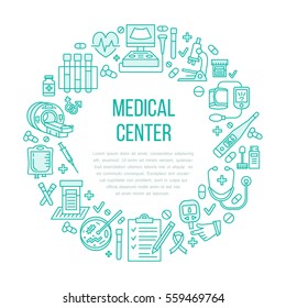 Medical poster template. Vector line icon, illustration of health check up center. Equipment - mri, cardiogram, glucometer, doctor, ultrasound, blood test. Healthcare banner design