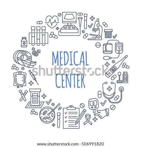 Medical poster template. Vector line icon, illustration of health center, check up. Medical equipment - mri, cardiogram, glucometer, doctor, ultrasound, blood test. Healthcare banner design