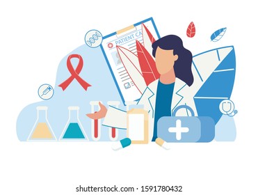 Medical Poster with Woman Doctor in White Coat and Healthcare Icons. Patient Card, Bag with Medications and Tools for Treatment, Pills, Flasks and Test Tubes. Vector Cutout Illustration