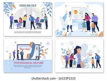 Medical Posters Advertising Treatment for Sick People Characters with Health Problem. Flu, Cold, Fever Cure. Psychological Hotline Service. Family Doctor and Psychologist. Vector Cartoon Illustration