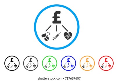 Medical Pound Budget rounded icon. Style is a flat medical pound budget gray symbol inside light blue circle with black, gray, green, blue, red, orange color versions.