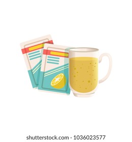 Medical powder sachet, lemon flavor dissolving in glass of water, cold remedy vector Illustration on a white background