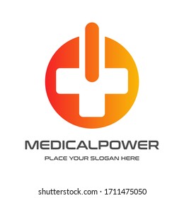Logo-Vorlage für die Vektorillustration Medizinischer Kräfte. Dieses Design verwendet Technologiesymbol. Geeignet für Gesundheit.