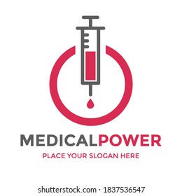 Medical power vector logo template. This design use injection symbol. Suitable for energy or health.