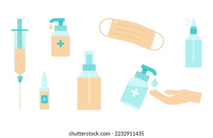 Medical ppe, bottle ntibacterial spray, alcogol gel disinfect, hygiene vector icon. Prevention medicine illustration