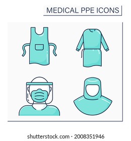 Medical PPE color icons set. Full protection, apron, face shield, isolation gown. Barrier between person and germs. Health protections concept. Isolated vector illustrations