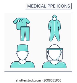 Medical PPE color icons set. Medical hood, coveralls, surgical cap, scrub suit. Barrier between person and germs. Health protections concept. Isolated vector illustrations