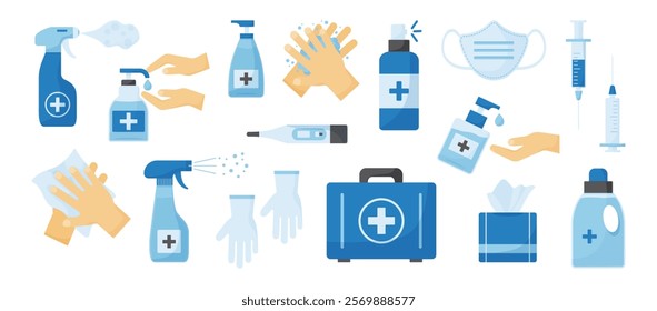 Medical ppe icon, disinfect gel bottle, hand hygiene, antiseptic soap and wipes, gloves and protective mask isolated on white background. Medicine set against virus epidemic. Vector illustration