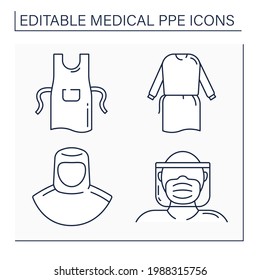 Medical PPE Line Icons Set. Full Protection, Apron, Face Shield, Isolation Gown. Barrier Between Person And Germs. Health Protections Concept. Isolated Vector Illustrations. Editable Stroke