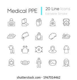 Medical PPE linear icons set. Surgical cap. Boot covers. Disposable gloves. Infectious waste bag. Customizable thin line contour symbols. Isolated vector outline illustrations. Editable stroke