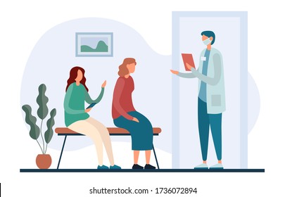 Medical practitioner in mask calling out name and inviting patient from queue in office while working in contemporary hospital. Flat vector illustration