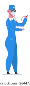 Medical practitioner wearing blue uniform, glasses and mask, holding stethoscope, standing in profile, ready to examine patient, healthcare concept, full length portrait on white background