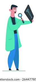 Medical practitioner wearing stethoscope and lab coat using magnifying glass to carefully analyze radiograph showing bone fracture, emphasizing medical diagnosis and healthcare