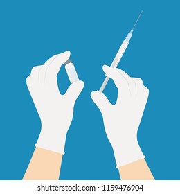 Medical preparations for cosmetic and medical procedures. Hands in medical gloves hold syringe and ampoule. Vector