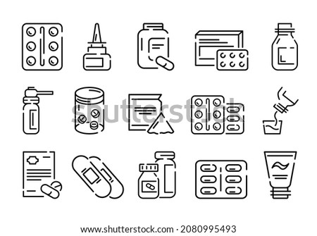 Medical preparats flat icon set. Pill pictogram for web. Line stroke. Set of bottles icons. Isolated on white background. Vector eps10. Preparats for health care Imagine de stoc © 