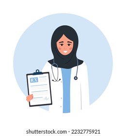 Receta médica. Médica árabe con uniforme y hijab portando el portapapeles con receta para paciente. Atención de la salud, tratamiento y farmacia. Ilustración vectorial al estilo de las caricaturas planas.