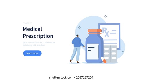 Medical prescription. Character standing near medicine pills, bottle and looking at rx prescription. Pharmacy store concept. Vector illustration.
