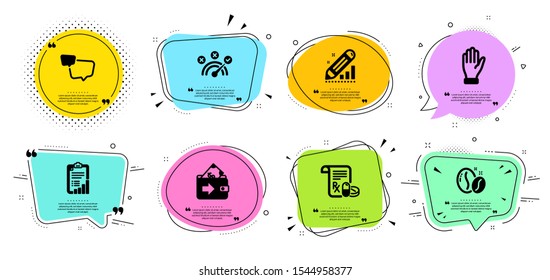 Medical prescription, Coffee beans and Correct answer line icons set. Chat bubbles with quotes. Hand, Edit statistics and Speech bubble signs. Wallet, Checklist symbols. Vector