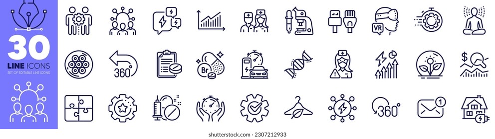 Packung mit Symbolen für ärztliche Verschreibung, Cograd und Inkubator. Chemie dna, Squad, Home-Ladung Web-Symbol. Seo Timer, Doktor, Employees Teamwork Piktogramm. Stromversorgung, Kabelabschnitt. Vektorgrafik