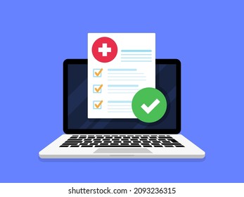 Medical prescription digital document or online test results report. Medical form check list with results data and approved check mark online on laptop screen icon. Concept internet medicine. Vector