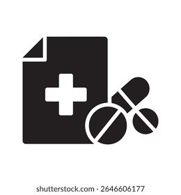Ícone de glifo de documento de prescrição médica com pílulas e símbolo de mais para tratamento de saúde e farmácia vetor projeto vetor ícone de glifo sólido
