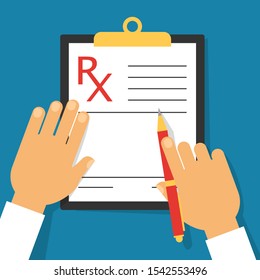 Medical prescription document on the clipboard vector isolated. Doctor hand holding pen and writing on the document. Form for the patient, list of medicine.