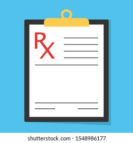 Medical prescription document on the clipboard vector isolated. Document form for the patient, list of medicine. Prescription template illustration.