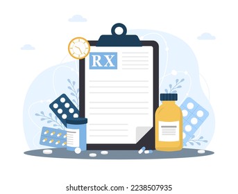 Medical prescription drugs concept. Large recipe on clipboard. Diseases therapy pills. Pharmacy control. Healthcare and treatment concept. Vector illustration in flat cartoon style.