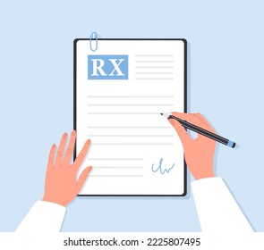 Medical prescription drugs. Therapist writing recipe for patient. Top view doctor workplace. Pharmacy control. Healthcare and treatment concept. Vector illustration in flat cartoon style.