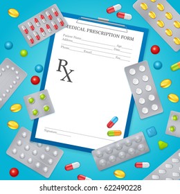 Medical prescription form realistic background poster with aluminum foil drugs pills packages and separate tablets vector illustration